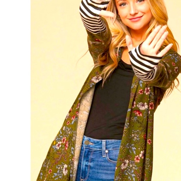 Green Mixed Print Maxi Cuff w/ Thumbholes Duster Cardigan - Picture 11 of 11